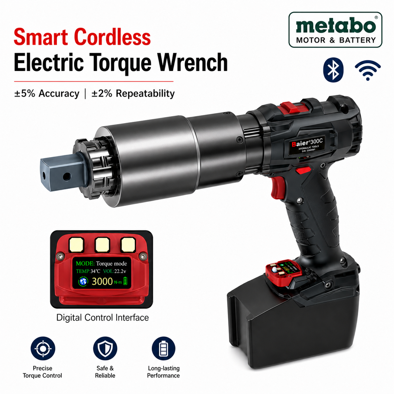 Heavy Duty 12000Nm Cordless Torque Wrench for Wind & Petrochemical Smart Battery Bolting Tool ±5% Accuracy - Bair BRDC-SS