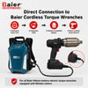 Baier backpack battery connected to a cordless torque wrench through a Metabo-compatible adapter