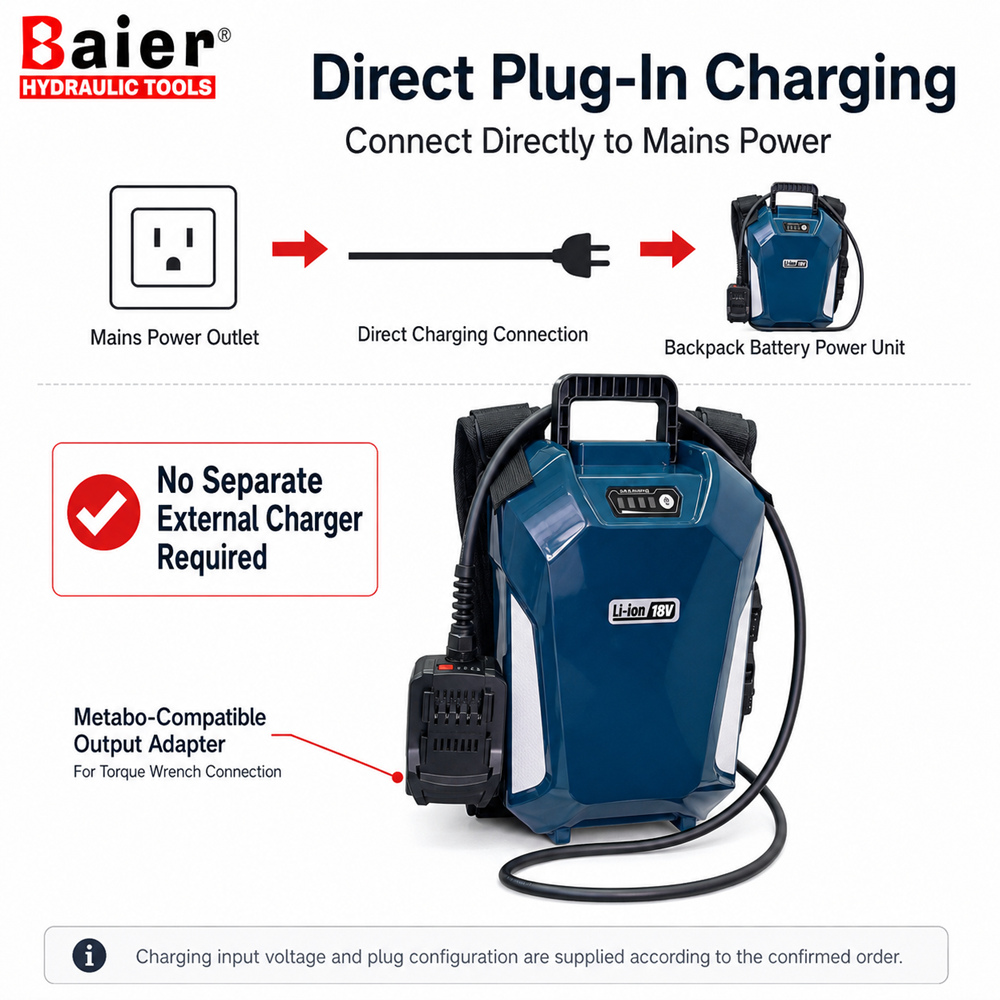 Baier backpack battery with direct plug-in charging and no separate external charger